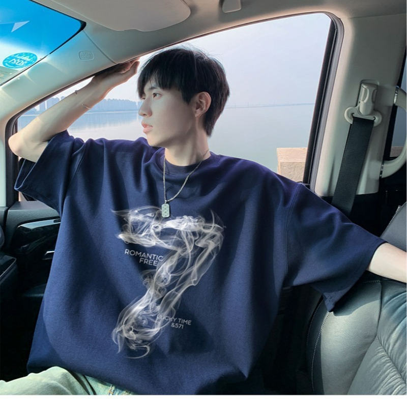 숫자 7 부서 100 순면 프린트 순면 티셔츠 남자 여름 레트로 악당 잘 생긴 튀김 거리 반팔 커플 반소매 동정