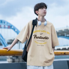 批发100%纯棉潮流趣味字母五分袖t恤男生青少年国潮体恤