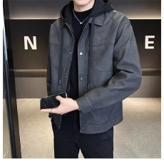 2025秋冬新款男士连帽可卸加绒皮衣夹克时尚潮流帅气休闲保暖外套