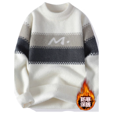 批发秋冬水貂绒季半高领男士套头毛衣韩版潮条纹线衣内搭针织衫打底衫