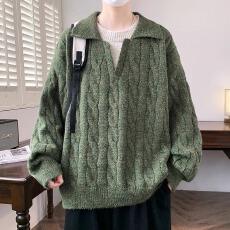 批发翻领polo<b class='q'>毛衣</b>男女套头长袖针织衫秋冬新款<b class='q'>韩版</b>宽松慵懒上衣