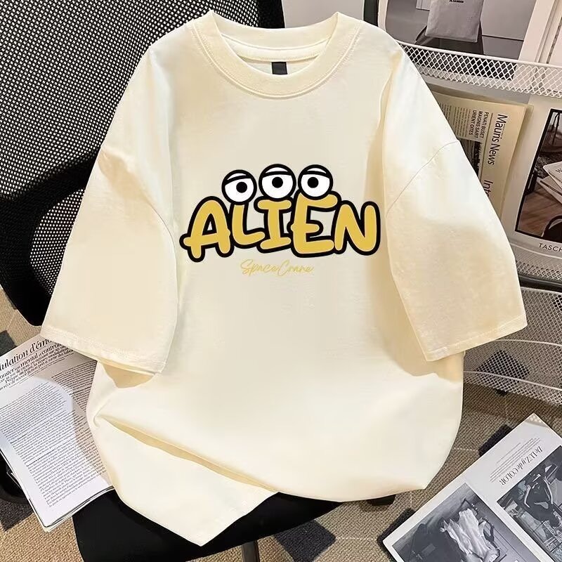 조수 브랜드 홍콩 느낌 여름 반팔 티셔츠 남자 루즈핏 트렌드 프린트 ins 무거운 반소매 라운드 넥 동정 맨위