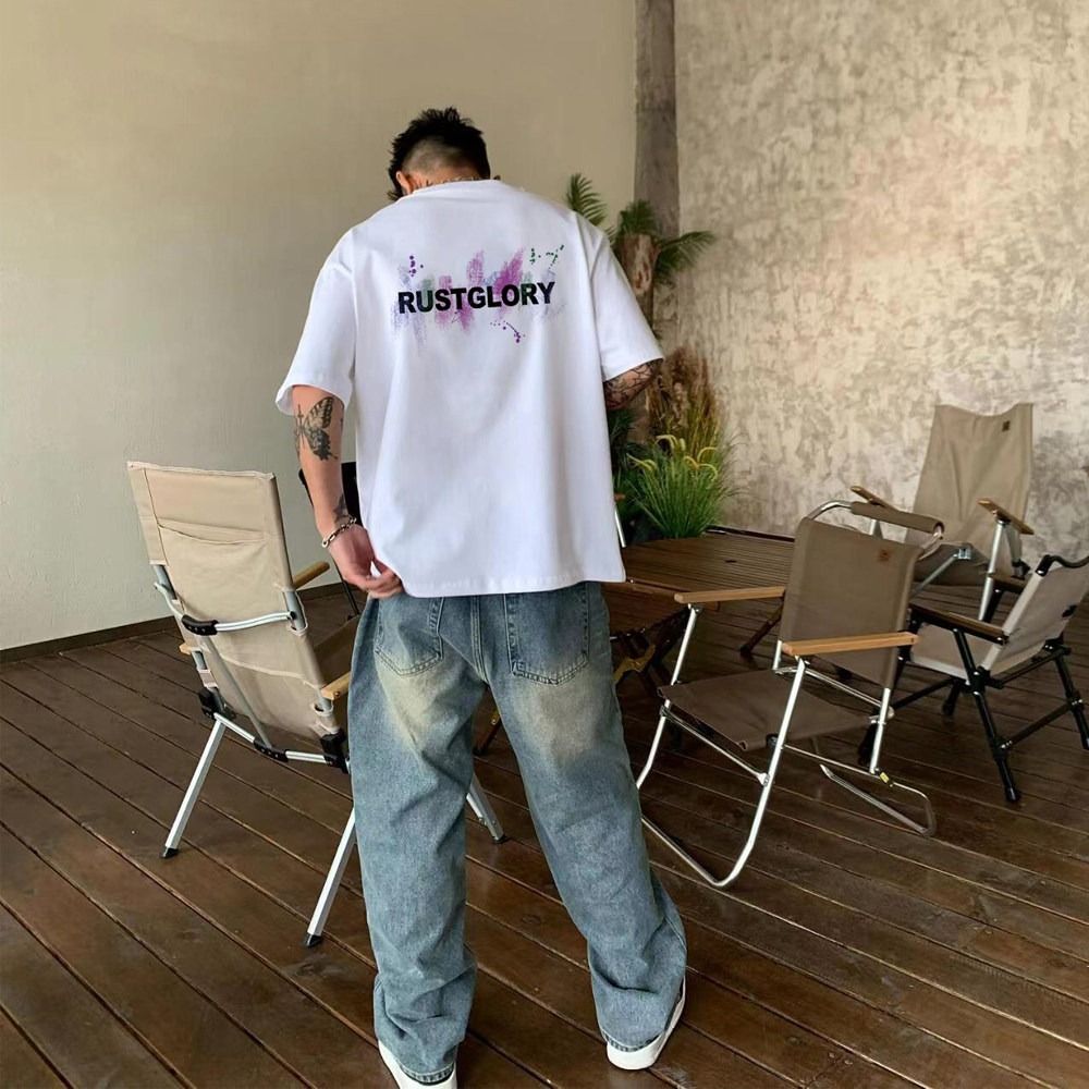 여름 아메리칸 캐주얼 다용도 패션 알파벳 박쥐 반팔 티셔츠 남성 조수 브랜드 루즈핏 캐주얼 라운드 넥 반소매
