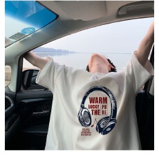 批发棉220g创意趣味音乐耳机t恤男生五分袖t恤青少年短袖夏季新款