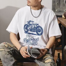 批发经典简约机车印花休闲t恤夏季美式复古宽松男士潮流半袖体恤t