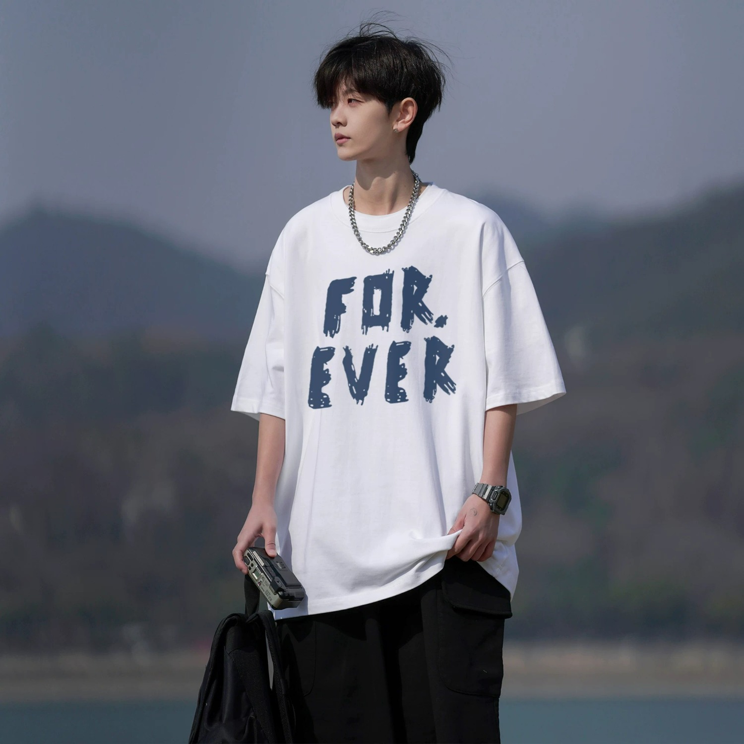 순면 100 반팔 티셔츠 남자 여름 루즈핏 빅 사이즈 맨위 아메리칸 조수 브랜드 반소매 동정