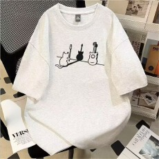 批发纯棉220g美式美式设计感吉他猫咪t恤男生英文体恤男五分袖青少年