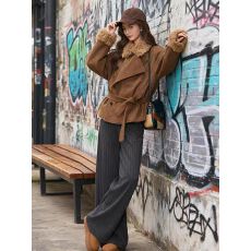 批发韩系高级感气质咖色毛绒拼接加厚<b class='q'>外套</b>女冬季新款百搭显瘦毛呢大衣