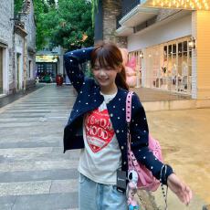 批发SAME OLD藏蓝色新款复古波点满印<b class='q'>毛衣</b>针织开衫女外套百搭显瘦上衣