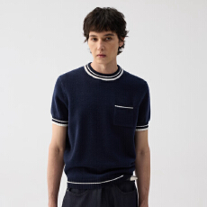 批发蓝白撞色软糯手感日常休闲针织圆领短袖T恤春季TERRAINCOGNITA