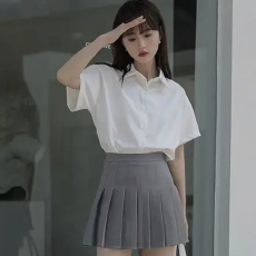 批发酷丝绵无口袋款夏季宽松显瘦短袖衬衫女白色设计感小众夏职业正装