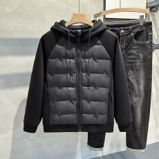 批发2025新款秋冬款连帽卫衣羽绒服<b class='q'>男</b>士时尚拼接90白鸭绒<b class='q'>男</b>装外套潮牌
