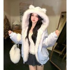 批发<b class='q'>甜美</b>可爱连帽外套女冬季新款毛毛双面两穿拼接设计感加厚保暖棉服