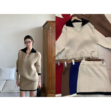 批发秋冬撞色翻领假两件v领毛衣针织衫半裙套装女