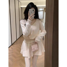 批发韩系甜美风粉色V领针织毛衣半身裙两件套女<b class='q'>秋</b>冬新款慵懒绝美套装
