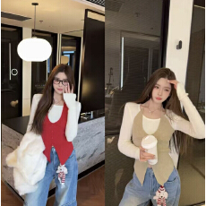 批发泡菜订制奶茶色假两件针织