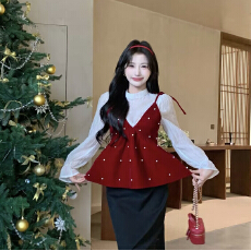 批发必入款新年氛围衬衫丝绒<b class='q'>吊带</b>两件套