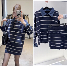 批发<b class='q'>条纹</b>拼接毛衣➕<b class='q'>裙</b>子套装