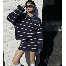 批发针织假两件可拆<b class='q'>牛仔</b>领套头毛衣包臀半身短裙时尚套装