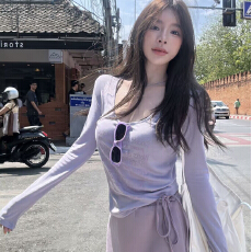 韩版气质紫色V领长袖防晒显瘦百搭T恤防晒上衣