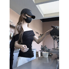 批发辣妹一字肩飘带t恤女夏季显瘦