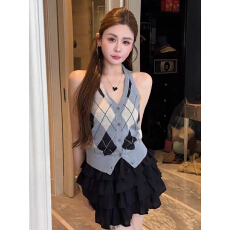学院风菱格纹针织背心女夏季