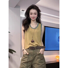 时尚设计感拼色后背镂空针织衫无袖上衣女夏季
