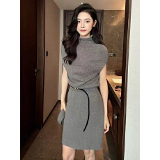 批发法式气质半高领袖套针织连衣裙<b class='q'>女</b>秋季