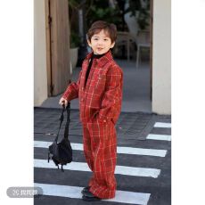 批发男童格子套装2025新款<b class='q'>儿童</b>韩版加厚宝宝加绒外套洋气两件套