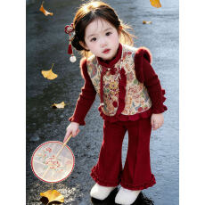 批发2025<b class='q'>女</b><b class='q'>童</b>中式新款冬季加绒加厚儿童套装国风马甲拜年三件套