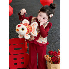批发2025<b class='q'>女</b><b class='q'>童</b>中式新款冬季加绒加厚儿童套装国风马甲拜年三件套