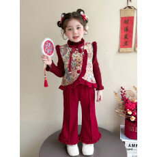 批发2025<b class='q'>女</b><b class='q'>童</b>中式新款冬季加绒加厚儿童套装国风马甲拜年三件套