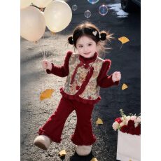批发2025<b class='q'>女</b><b class='q'>童</b>中式新款冬季加绒加厚儿童套装国风马甲拜年三件套