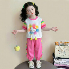 批发女童时尚套装<b class='q'>夏</b>季2026新款儿童洋气卡通彩虹猫短袖薄款裤子两件套