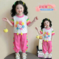 批发女童KT短袖套装儿童时尚洋气可爱卡通T恤宝宝<b class='q'>夏</b>季超好看网红衣服