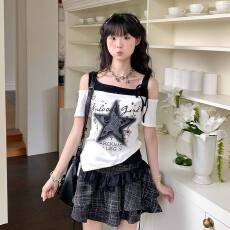 批发<b class='q'>女</b><b class='q'>童</b><b class='q'>夏季</b><b class='q'>甜酷风</b>印花洋气露肩假两件短袖T恤<b class='q'>女</b><b class='q'>大</b><b class='q'>童</b>时尚不规则上衣