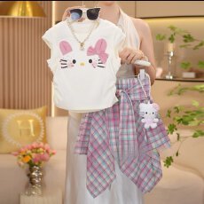 批发2026新款炸街女童裙子套装<b class='q'>夏</b>季小女孩时髦洋气不规则格子裙两件套