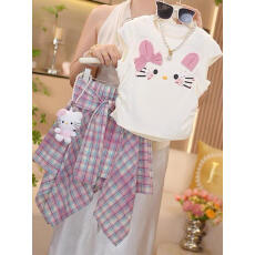 批发女童格子短裙套装<b class='q'>夏</b>季2025新款甜酷风卡通短袖T恤不规则舞蹈裙裤