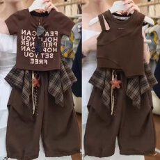 批发女童潮酷套装夏季2026新款中大儿童洋气薄款短袖背心工装裤两件套