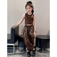 批发<b class='q'>休闲</b>风女童夏季潮流款2件套荷叶边背心格纹裤小众设计感套装