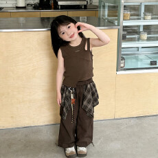 批发女童夏季套装2026新款儿童时髦背心夏装女孩格子束脚裤两件套洋气