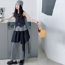 批发女童套装夏装2026新款女孩中大童条纹拼接<b class='q'>马甲</b><b class='q'>儿童</b>不规则裙两件套