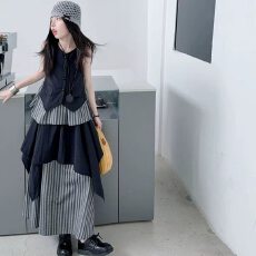批发女童夏季高级感穿搭韩版<b class='q'>不规则</b>条纹拼接V领背心<b class='q'>半身裙</b>洋气套装潮8