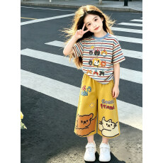 批发女童<b class='q'>夏</b>季套装中大童韩系条纹印花短袖T恤甜酷风卡通七分阔腿裤潮