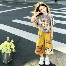 批发女童<b class='q'>夏</b>装套装2026新款儿童洋气条纹短袖T恤<b class='q'>夏</b>季女孩阔腿裤两件套