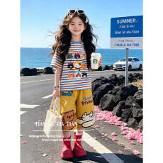批发女童<b class='q'>夏</b>套装儿童女孩潮流卡通短袖时尚裤子两件套中大童甜美穿搭潮