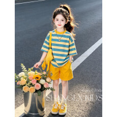 批发女童条纹套装<b class='q'>夏</b>季2026新款儿童洋气短袖t恤女大童<b class='q'>夏</b>装短裤两件套