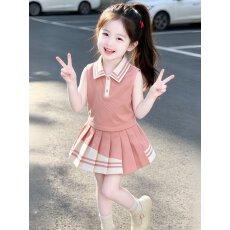 批发女童<b class='q'>夏</b>季学院风无袖POLO衫百褶裙两件套韩版后背大蝴蝶结套装