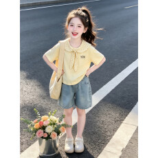 批发学院风<b class='q'>女</b><b class='q'>童</b>上衣夏季薄款2026新款小女孩短袖儿童洋气圆领