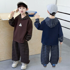 批发<b class='q'>男童</b>秋<b class='q'>季</b>卫衣2026新款儿童格子连帽长裤套装男孩休闲两件套